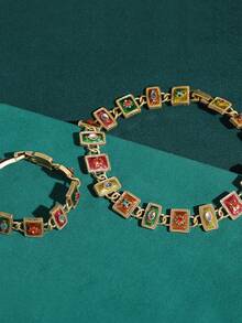 Conjunto de joyería vintage con acabado envejecido de collar y pulsera de cobre chapado en oro de 18K con diseño geométrico cuadrado de esmalte en relieve, accesorios para bodas