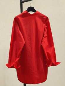 极简翻领长袖宽松女式衬衫外套，采用衬衫领和不对称下摆设计 - 紅色 - 查看 2