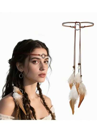 1 chiếc băng đô lông vũ kiểu Viking Elf - Phụ kiện lông vũ bằng polyester và vải nhẹ phong cách Bohemian Bắc Âu