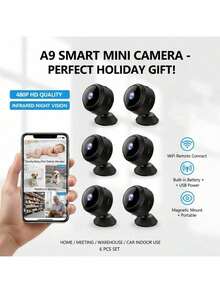 6Pcs A9 Smart Mini Camera With Phone App, 480P HD Home Security Monitor With Battery & USB Charge. Ideal For Family/Warehouse/Car/Indoor, IR Night Vision, Pet/Elder Care, Essential Home Safety Gadget​ - 6件 - 查看 7