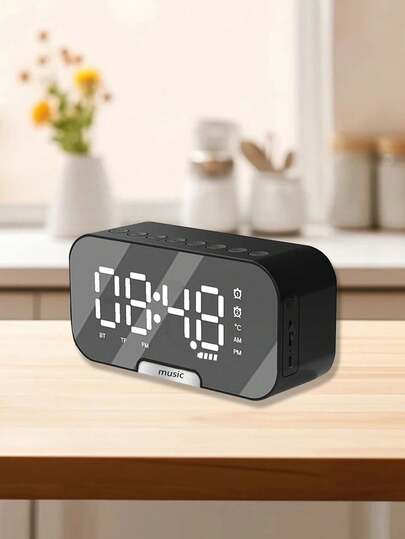 Wireless Bluetooth Speaker With Mirror Display, Card Slot Alarm Clock, Mobile Phone Holder, Real-Time Temperature Display, Dual Alarm Clock Mode, Multi-Function Bluetooth Speaker