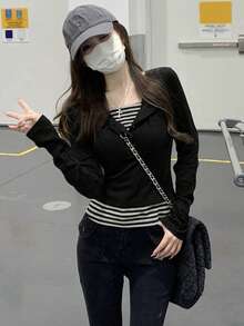 Áo thun nữ dáng ôm, phối màu, kẻ sọc, có khuy cài, kiểu dáng thường ngày, màu đen, thích hợp cho mùa thu sớm. - màu đen - Xem 4