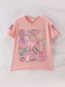 Camiseta de cuello redondo con estampado de lazo de elemento de ballet para niñas, top casual suave para el verano - Rosa - Ver 6