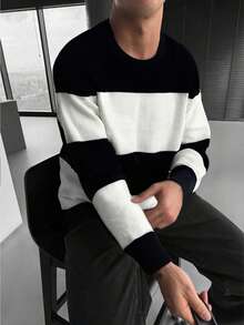 WAIT HIM Men's Casual Black And White Contrast Color Crew Neck Sweater, Long Sleeve Top - Black and White - View 6