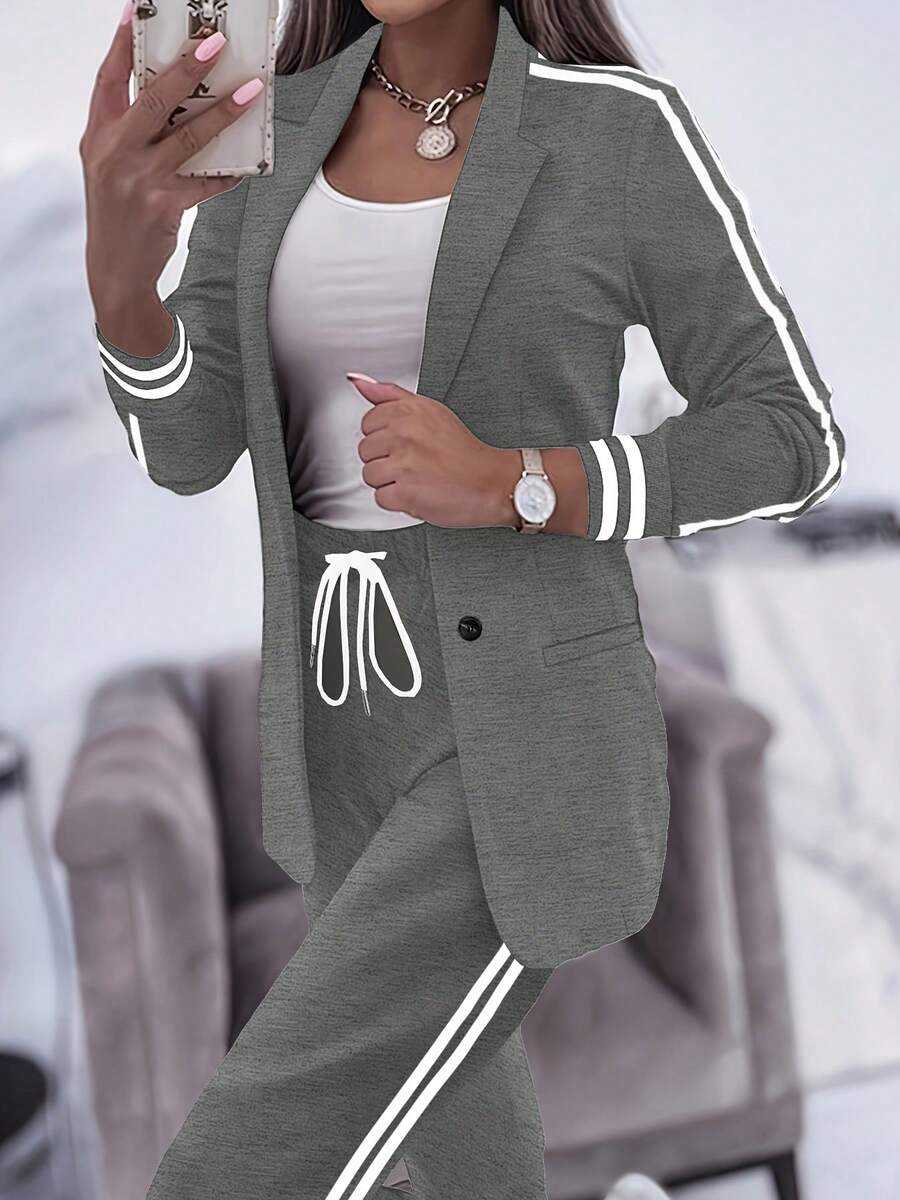 女式休闲运动侧条纹夹克和裤子套装 - 深灰色 - 查看 1