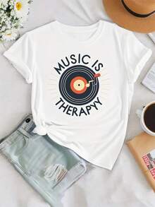 La MÚSICA ES MI Relajación Camiseta Estampada, Manga Corta Cuello Redondo Top Casual para Verano y Primavera, Ropa de Mujer - [Blanco] - Ver 6