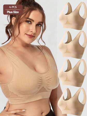 4 قطع حمالات صدر رياضية شبكية مفرغة للنساء ذوات الأحجام الكبيرة، لا سلكية مقاومة للصدمات للرياضة واليوغا والنشاطات