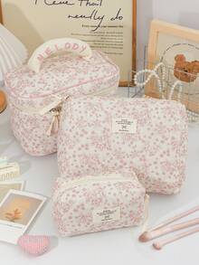 Pink Flower Pattern Cosmetics Storage Bag Soft Corduroy Makeup Bag Set Foam Quilted Home Items Storage Bag Large Capacity Travel Cosmetics Bag Set Retro Floral Print Makeup Handbag Portable Handheld Toiletry Bag Vintage Style Skincare Storage Bag Practical Makeup Brushes Organizer Bag - Pink - View 3