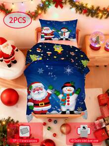 Conjunto de edredom com fundo azul estrelado de 2 peças, combinado com tema de Papai Noel e boneco de neve (capa de edredom dupla face (1 fronha impressa de um lado + 1 capa de edredom impressa de dois lados, sem material de enchimento) para bebês, crianças, lavável à máquina, adequado para camas de recém-nascidos, berços, dando presentes durante feriados. A fronha é impressa de um lado e mede 33 * 45 cm. - Multicolorido - Ver 1