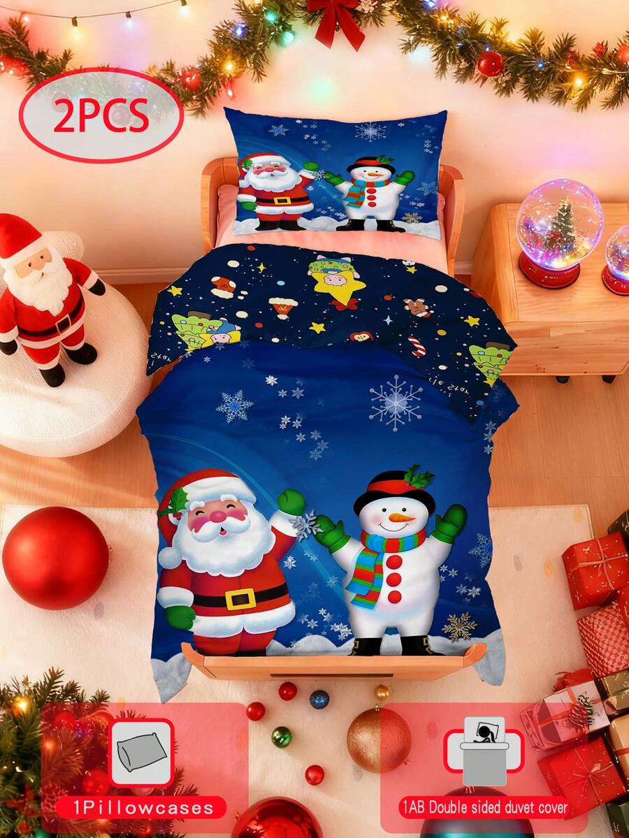 Conjunto de edredom com fundo azul estrelado de 2 peças, combinado com tema de Papai Noel e boneco de neve (capa de edredom dupla face (1 fronha impressa de um lado + 1 capa de edredom impressa de dois lados, sem material de enchimento) para bebês, crianças, lavável à máquina, adequado para camas de recém-nascidos, berços, dando presentes durante feriados. A fronha é impressa de um lado e mede 33 * 45 cm. - Multicolorido - Ver 1
