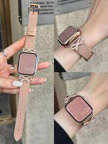 1pc Women's Lotus Pink Leather Bow Crystal Strap Compatible With 38/40/41/44/45/49/42/46mm Series 11/SE3/Ultra3/Ultra/SE/SE2/10/9/8/7/6/5/4/3/2/1 - Lotus Pink Rose Gold Buckle - View 2