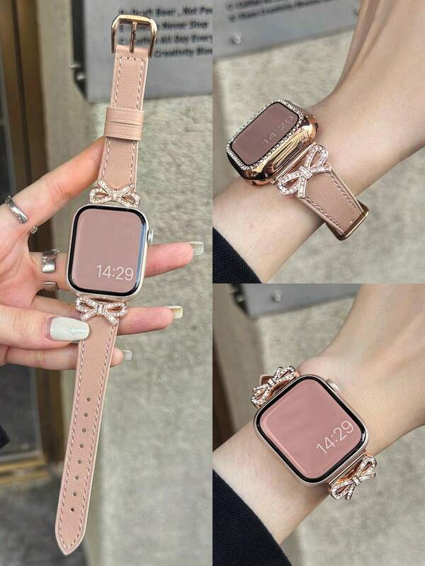 1pc Women's Lotus Pink Leather Bow Crystal Strap Compatible With 38/40/41/44/45/49/42/46mm Series 11/SE3/Ultra3/Ultra/SE/SE2/10/9/8/7/6/5/4/3/2/1