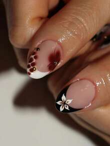 24Pcs/Set Short Oval 3D Gel Flower Brown Gradient Design French Tip Press On Nails Acrylic ,Short Nails ,Decorate With Gold Beads,Include: 1pc Jelly Glue And 1pc Nail File,Very Suitable For Woman Girl Daily Work & Rave Party Use