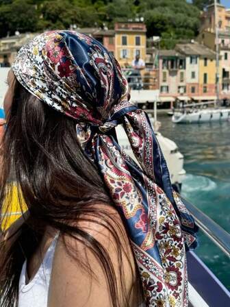 1pc Women's Navy Blue Floral Paisley Print Square Scarf, 90cm Large Satin Bandana