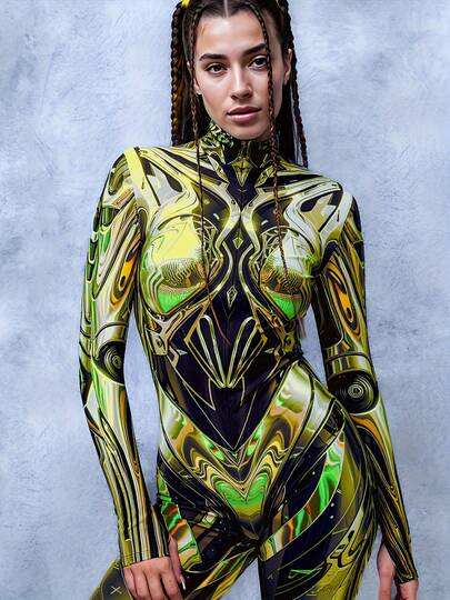 Women's Digital Print Bodysuit, Technologically Advanced Stage Costume, Punk Style Outfit, Printed, Front Zipper, Long Sleeve, Suitable For Halloween Costume