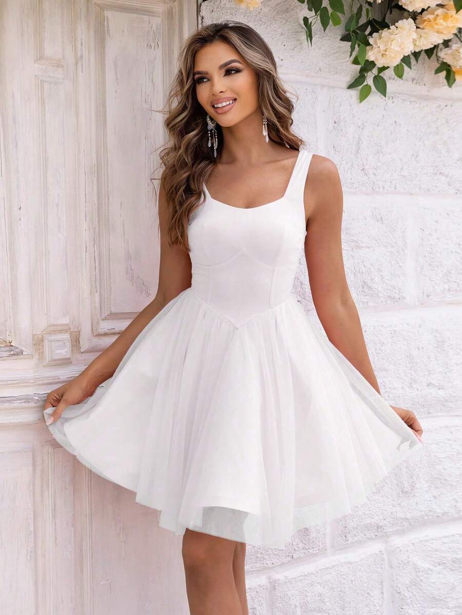 Joyfunear Women's Romantic Mesh Patchwork Backless Dress - White - View 1