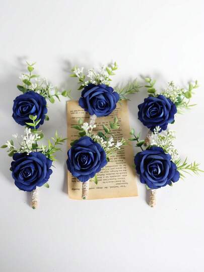 6pcs/1pc Princess Rose Flower With White Baby's Breath And Faux Green Plants, Romantic Boutonniere For Weddings, Parties, Daily Wear