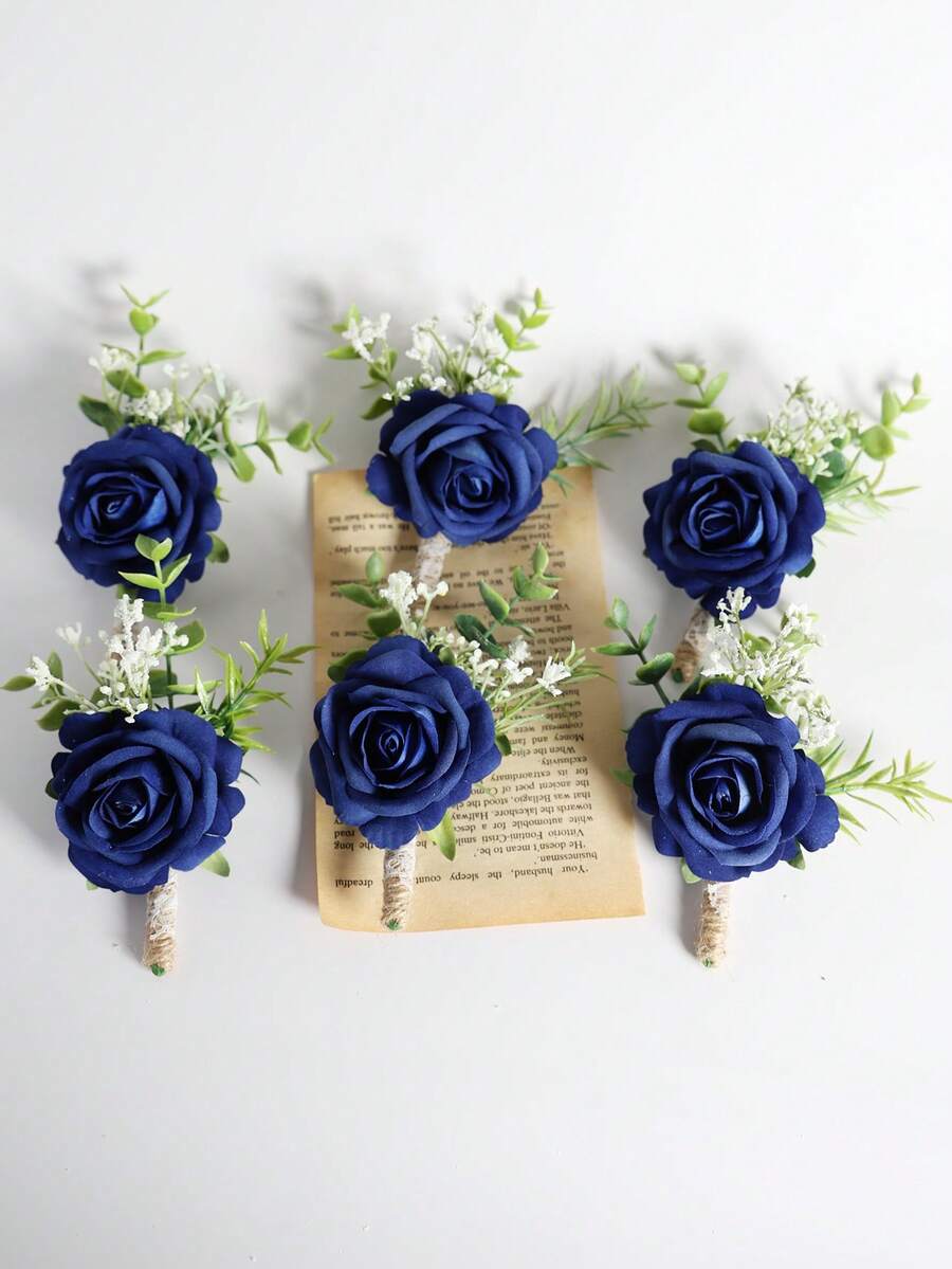 6pcs/1pc Princess Rose Flower With White Baby's Breath And Faux Green Plants, Romantic Boutonniere For Weddings, Parties, Daily Wear Valentine's Day Accessories - Navy Blue - View 1