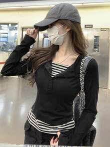 Áo thun nữ dáng ôm, phối màu, kẻ sọc, có khuy cài, kiểu dáng thường ngày, màu đen, thích hợp cho mùa thu sớm. - màu đen - Xem 6