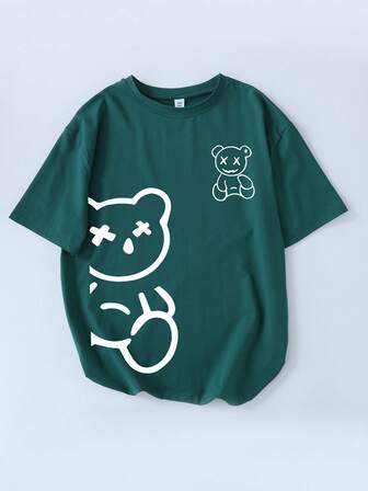 Camiseta de cuello redondo con estampado de oso de dibujos animados para niño preadolescente, camiseta casual de verano para niños, suave