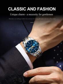 POEDAGAR 1枚不锈钢石英表，双日期显示，奢华防水夜光男士腕表，休闲男士腕表，适合日常佩戴，节日男士礼物 - 藍色 - 查看 10