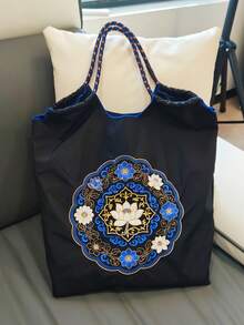 1 Stück Vintage Lotus Schwarz Nylon Große Kapazität Boho Stil Shopper, geeignet für Einkaufen, Reisen, Fotografie, Damen Einkaufstasche, Neues Design