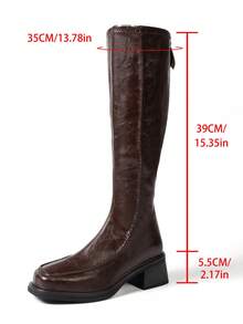 Versatile Retro New Style Square Toe Chunky Heel Back Zipper Color Block Leather Fashion Boots, Knee-High Boots, Suitable For Daily Wear, Music Festivals, Halloween