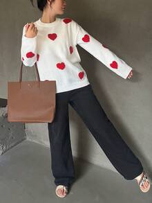 Valentine's Day Holiday Models Women's Autumn And Winter Fashion Casual Random Heart Pattern Round Neck Comfortable Jumper Pullover Tops - White - View 3