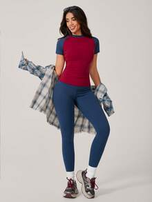 NcmRyu 1 Set Pakaian Olahraga Wanita Kasual Patchwork Warna Kontras dengan Karet Leher Bulat Lengan Pendek dan Celana Panjang untuk Musim Panas - Navy Blue - View 10