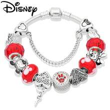 Disney 1pc Red Faceted Crystal Mickey Mouse Charm Bracelet, Classic Cartoon Animal Bracelet With Heart, Mickey, Minnie, Castle Beaded Jewelry Gift - Red - View 1