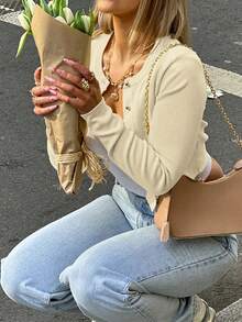 Fashionable Street Style Button-Up Cardigan, Solid Color Slim Fit Long Sleeve Top Spring - Apricot - View 5