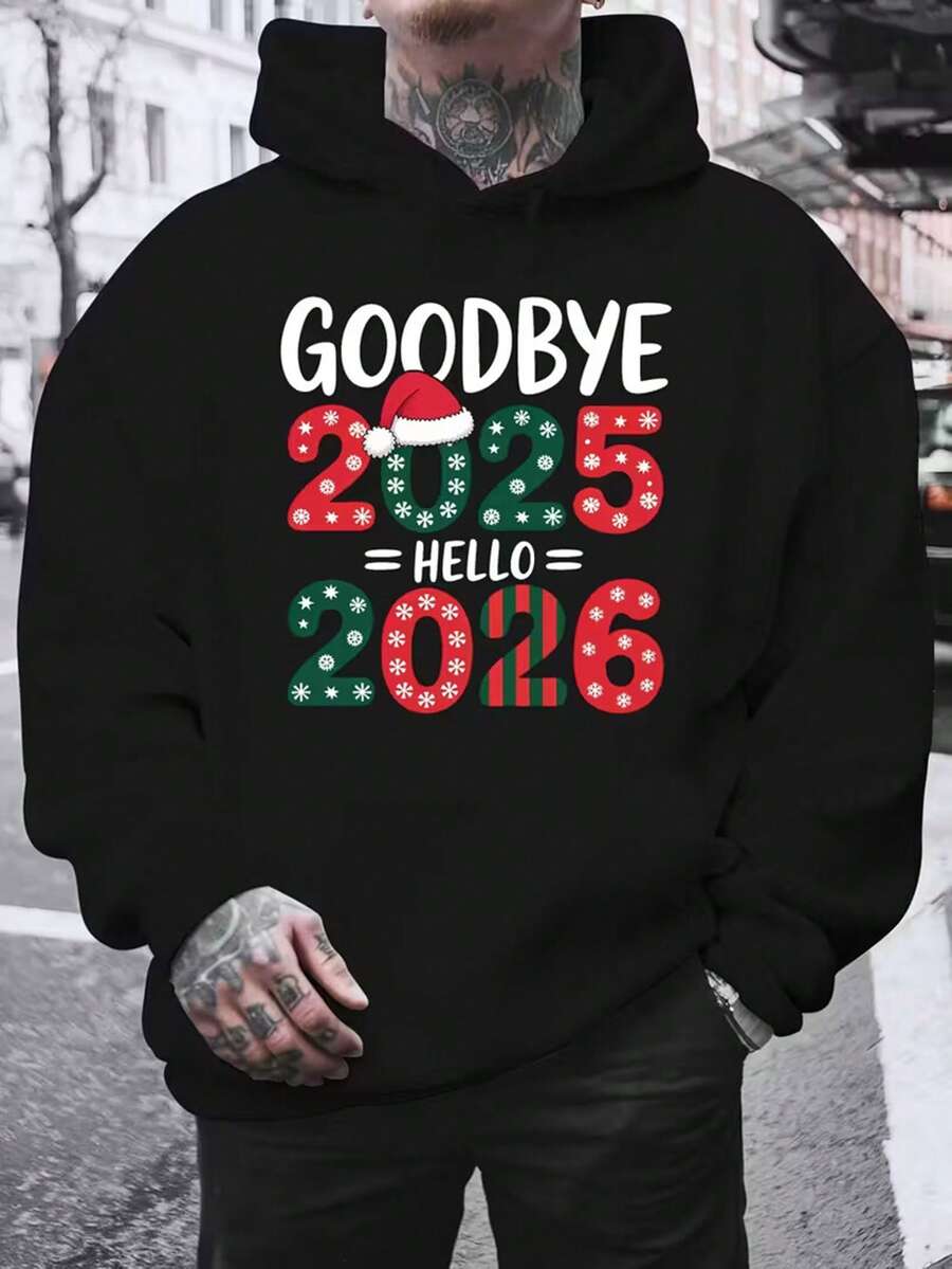 Men's Goodbye 2025 Hello 2026 New Year's Eve Party Sweatshirt - Vibrant Yellow With Multicolor Confetti & Number Design, Elastic  Pocket Hooded Pullover, Casual Winter Warmth, Machine Washable - Ideal For New Year's Celebrations & Casual Attire (Men's Fashion, Couples Matching Outfits) - Festive Lettering & Number Print, Relaxed Fit, Long Sleeve, Suitable For Spring & Autumn,Fall Hoodies,Men's Fall Clothes,Street Wear,Halloween,Mens Hoodies,Y2k Clothes,Jesus Hoodie,Thanksgiving Day,Nightmare Before Christmas,Christmas - 黑色 - 查看 1