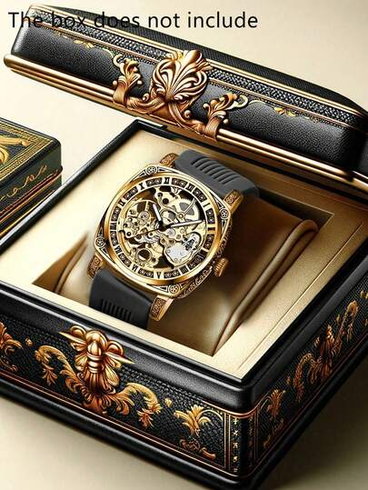 1pc Men's Luxury Gold Engraved Hollow Vintage Luminous Business Casual Automatic Mechanical Watch