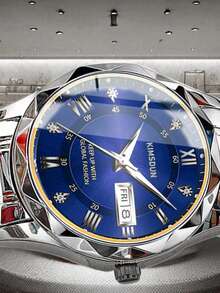 1pc Men's Stainless Steel Band Calendar Week Luminous Business Casual Quartz Wrist Watch - Silver - View 4