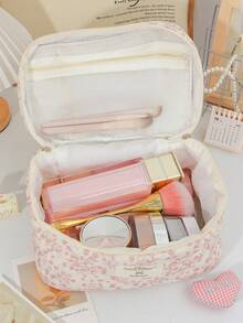 Pink Flower Pattern Cosmetics Storage Bag Soft Corduroy Makeup Bag Set Foam Quilted Home Items Storage Bag Large Capacity Travel Cosmetics Bag Set Retro Floral Print Makeup Handbag Portable Handheld Toiletry Bag Vintage Style Skincare Storage Bag Practical Makeup Brushes Organizer Bag - Pink - View 8