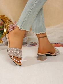 Sandales à talons épais avec brides en cristal transparent pour femmes, mules à talons moyens avec strass transparents pour l'été