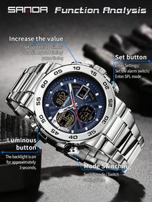 SANDA. SANDA 6312 New Steel Strip Sports Watch Dual Display Dual Movement 5ATM Waterproof Multi Functional Men's Electronic Watch - Blue - View 6