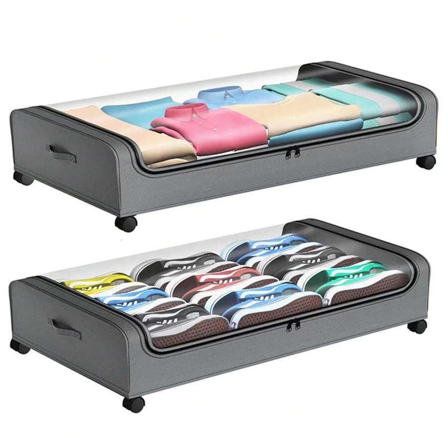 Caixa de Armazenamento Embaixo da Cama com Rodas, Caixas de Armazenamento Embaixo da Cama com Tampas, Organizador de Armazenamento de Sapatos Embaixo da Cama de 60L, Armazenamento Embaixo da Cama com Rodízio para Roupas, Sapatos, Cobertores - Cinza Claro - Visão 1