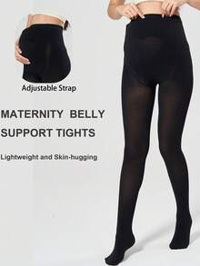1pc Maternity Solid Black Stirrup Leggings | Adjustable Belly Support, Medium Thickness, Minimalist, Suitable For Spring/Autumn Transition - Black - View 5