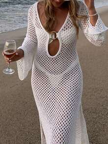 Đầm maxi dài tay, vai thẳng, cổ chữ V khoét sâu, khóa cài, xẻ cao, màu trơn, thanh lịch, gợi cảm dành cho nữ, chất liệu dệt kim, thích hợp mặc đi biển, áo khoác ngoài rộng rãi cho áo tắm, áo che bikini móc len, màu trắng cho kỳ nghỉ xuân/hè/thu. - trắng - Xem 9