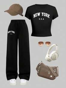 Tween Girls' Casual American Letter Print T-Shirt And Pants Set, Summer - Black - View 7