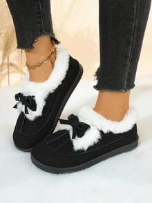 Bottes de cheville d'hiver pour , chaudes et douces avec doublure thermique. Décoration mignonne avec nœud, tige  semelle épaisse confortable et antidérapante. Bottes de neige casual - Noir - Voir 5