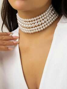 1pc Fashionable Atmosphere Multi-Layered Exaggerated Faux Pearl Collarbone Necklace, Asymmetrical Beaded Charm Necklace, Ladies' Wedding Jewelry And Festival Gift - 白色 - 查看 3