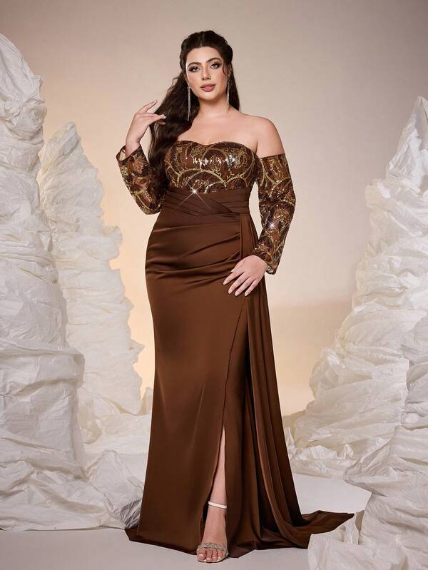 Mgiacy,New Arrival,Off Shoulder,Sequin,Elegant,Plus Size Evening Gown Dress,Float Piece,High Slit,Package Hip,Mermaid Hem Dress,FOR,Dinner Party