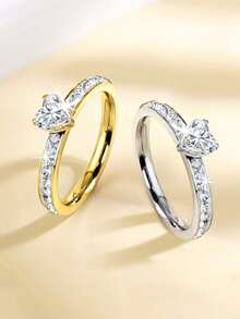 1 anel moderno, minimalista, elegante e brilhante de aço inoxidável com zircônia cúbica, adequado para combinar com roupas do dia a dia, festas, acessórios casuais, joias de alta qualidade, presente para feriados - Em forma de coração - Ver 13