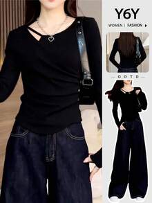 Y6Y 女款黑色优雅圆领打底衫，高品质修身长袖上衣，2025 年秋冬新品 - 黑色 - 查看 8