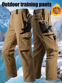 2Pcs Men's Tactical Jacket & Pants With Full-Length Zipper, Multi-Pocket Design Winter Outdoor Gear For Skiing, Camping, Hiking, Training - Machine Washable Winter Sports & Tactical Warm Fleece Jacket & Pants Set - Khaki - View 3