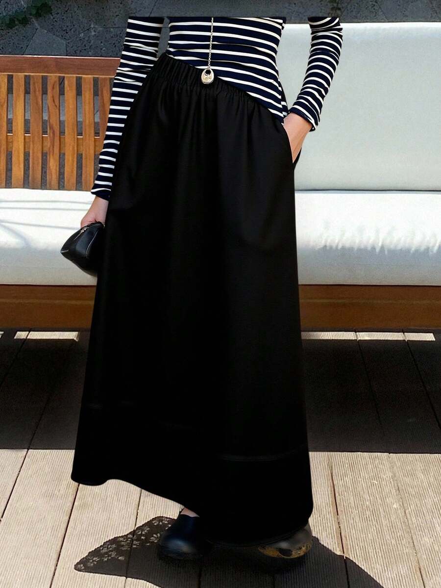 Livesso Women's Plain Elastic Waist Long Casual Skirt Fall Skirts - Black - View 1