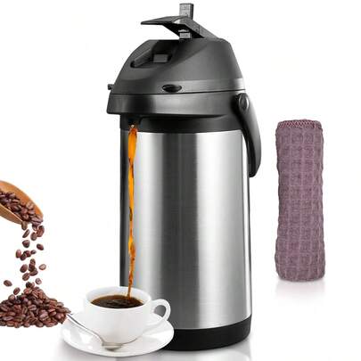 1.9/4 Liter Thermal Coffee Pot With Lever Pump And Cleaning Cloth, Portable Stainless Steel Coffee Carafe, Keeps Drinks Hot, Suitable For Coffee, Hot Water, Beverages, Cocoa, Etc.