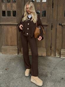 女士宽松纯色针织毛衣套装，超大优雅开衫，最佳休闲家居服，时尚简约女装 - 淺咖啡 - 查看 5